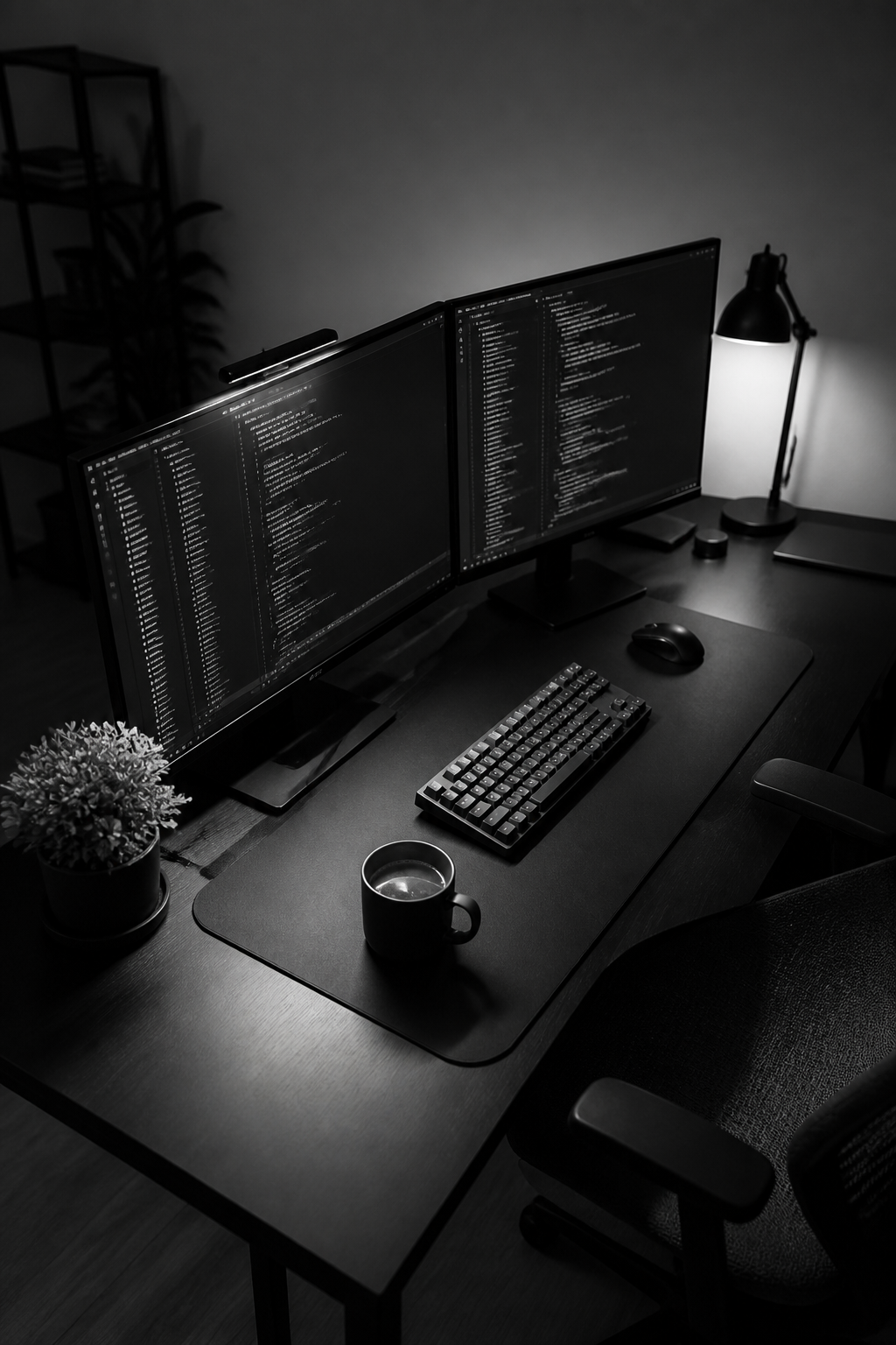 Minimalist developer desk with dual monitors